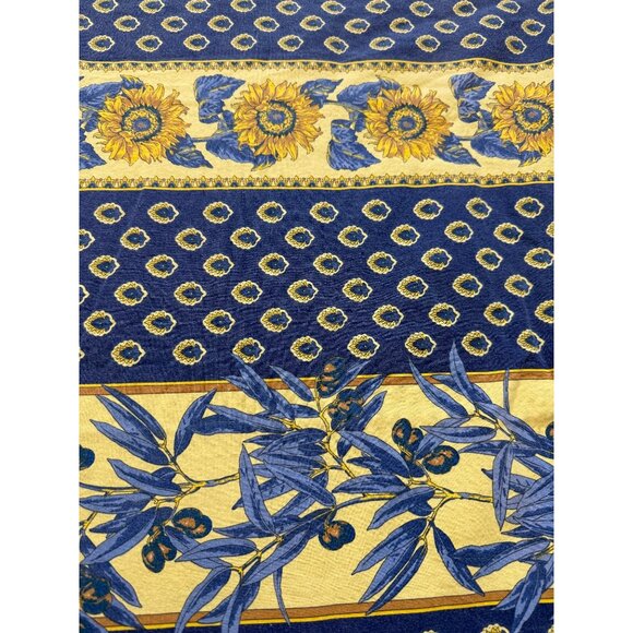 Vtg Vent Du Sud Tablecloth Sunflower & Olive Pattern Blue Yellow 77"x55" France - Picture 3 of 7